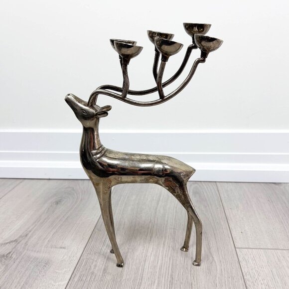 Vintage Silver Reindeer Candelabra Candle Holder 12" Decor Christmas Animal Deer - Picture 1 of 8